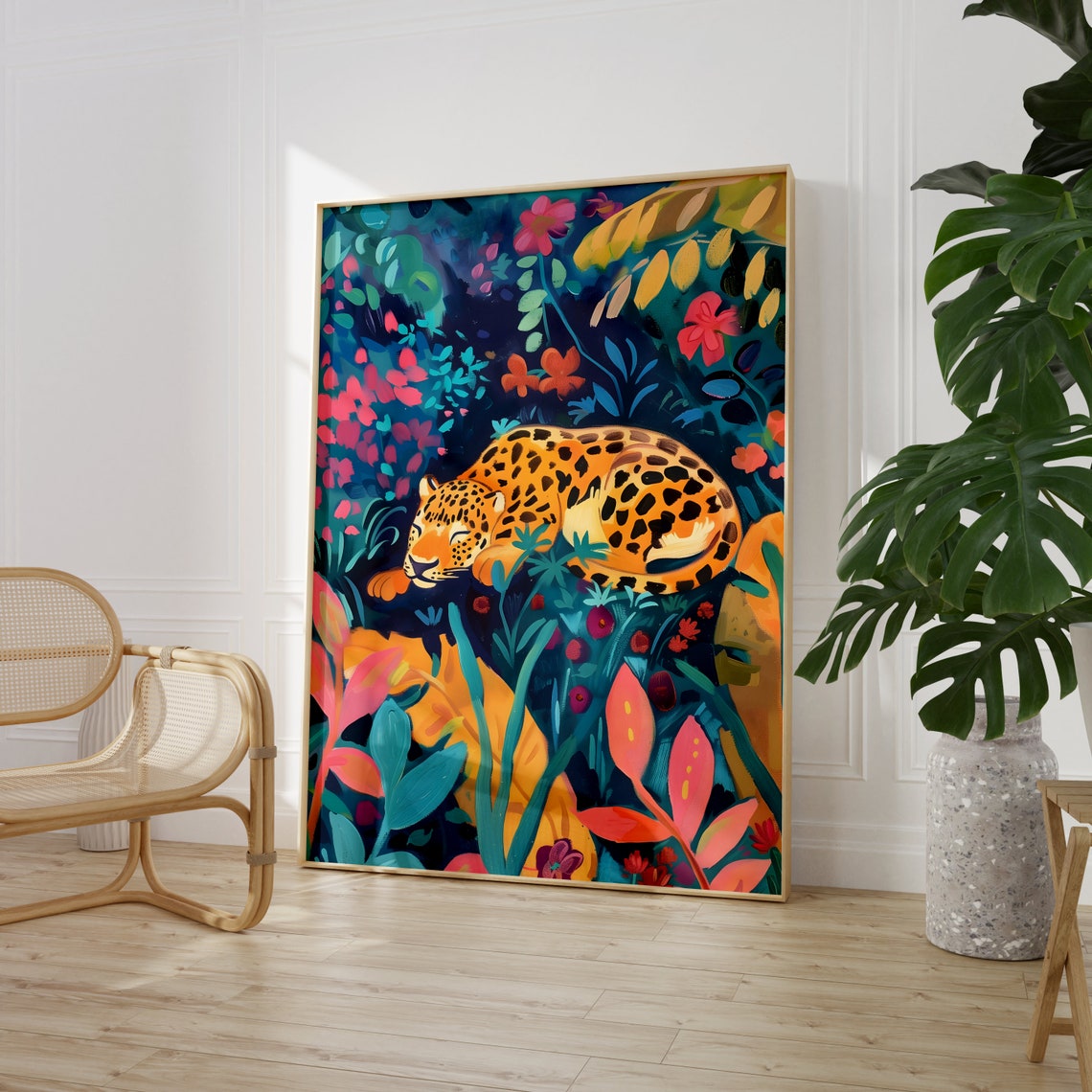 Sleeping Leopard In Midnight Floral Jungle Night Scene Poster - Image 2