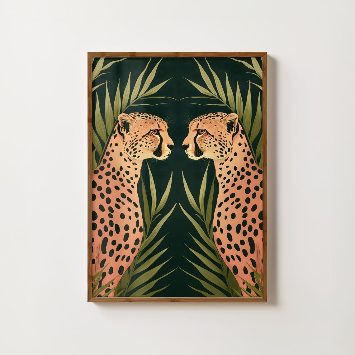 Mirrored Cheetah Pair In A Dark Jungle Art Deco Style Poster