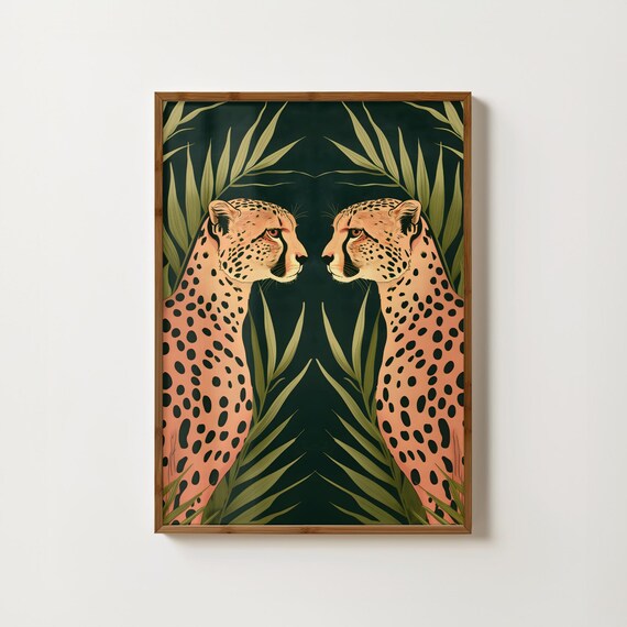 Mirrored Cheetah Pair In A Dark Jungle Art Deco Style Poster