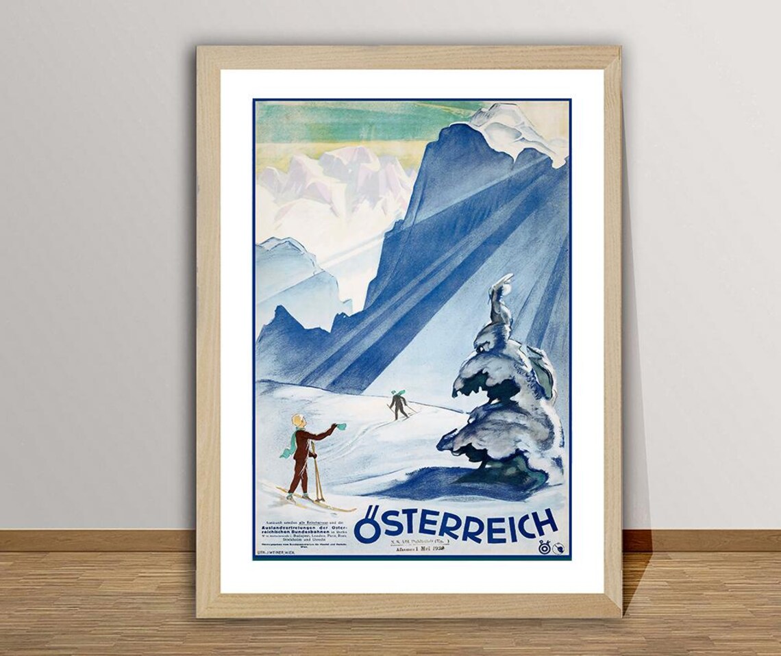 Österreich 1928 Vintage Austrian Moonlit Skiers Slope Poster