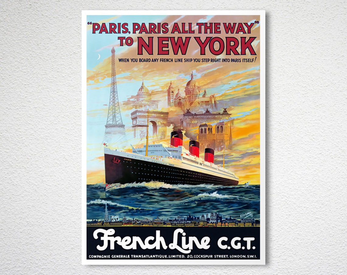 French Line CGT Paris to New York Ocean Liner Vintage Travel Poster - Image 2