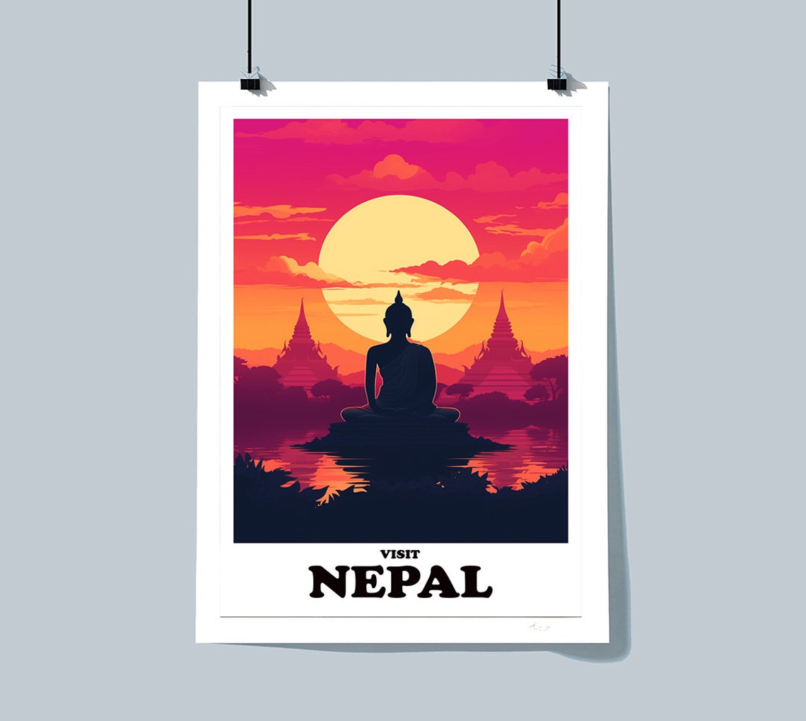 Visit Nepal Buddha Sunset Temples Orange Sky Himalayan Travel Poster - Image 3