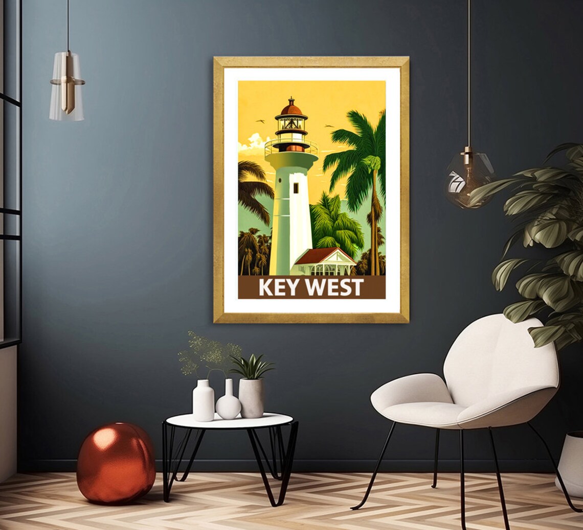 Key West Lighthouse Palm Trees Golden Sunset Vintage Florida Poster - Image 3
