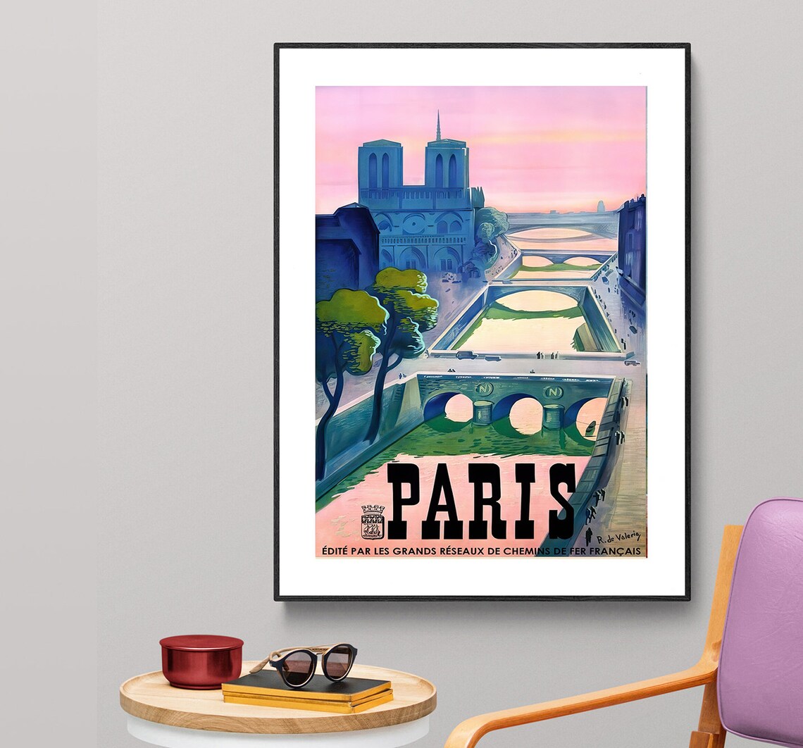 Paris Notre Dame Vintage French Railway Travel Poster Seine Art