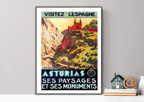 Asturias Sus Paisajes Y Sus Monumentos Vintage Travel Poster