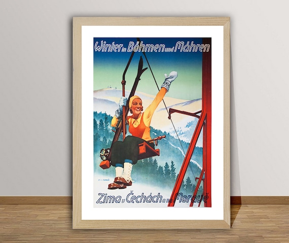 Winter In Bohmen Mahren Vintage Ski Poster Chairlift Snowy Alps Artwork