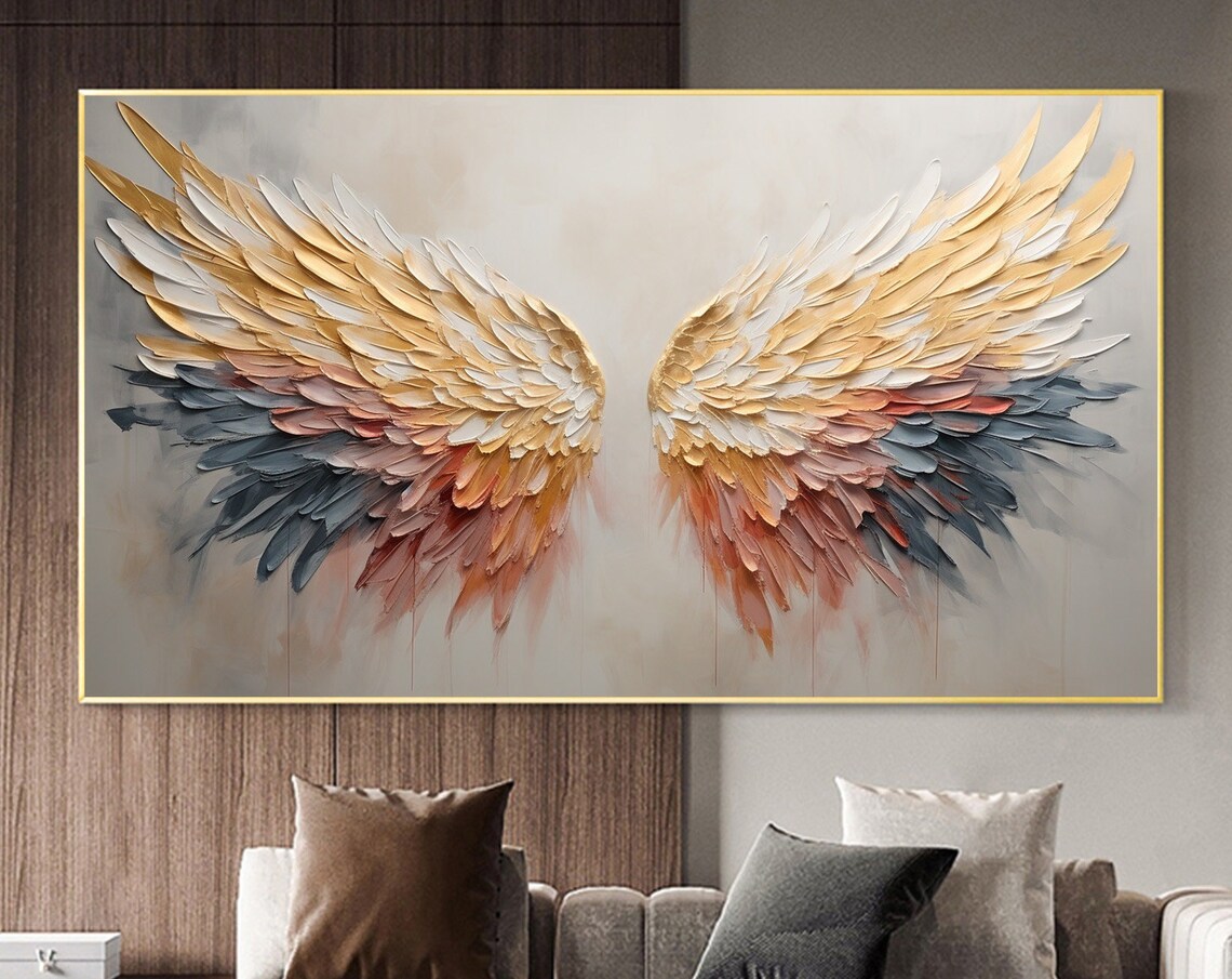 Majestic Angel Wings in Gold With Blue and Rose Feather Tips Poster - Image 6