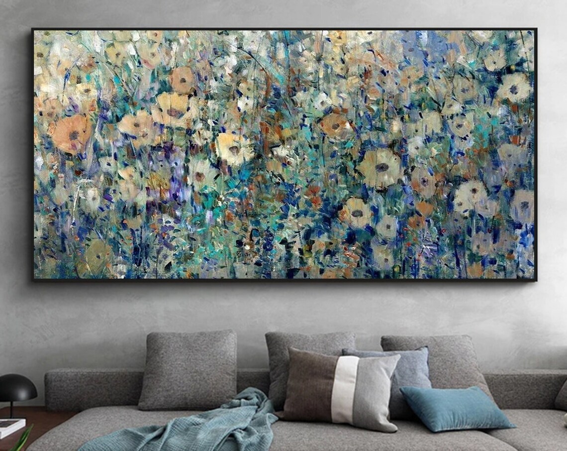 Muted Spring Wildflower Meadow Panoramic Oil Painting Art Print