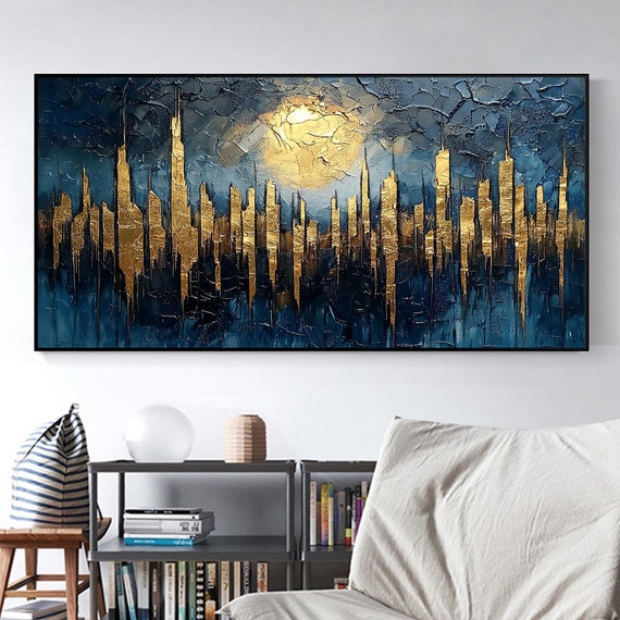 Abstract Golden City Building Oil Painting On Large Original Urban Architecture Painting Modern Landscape Wall Art Living Room Decor