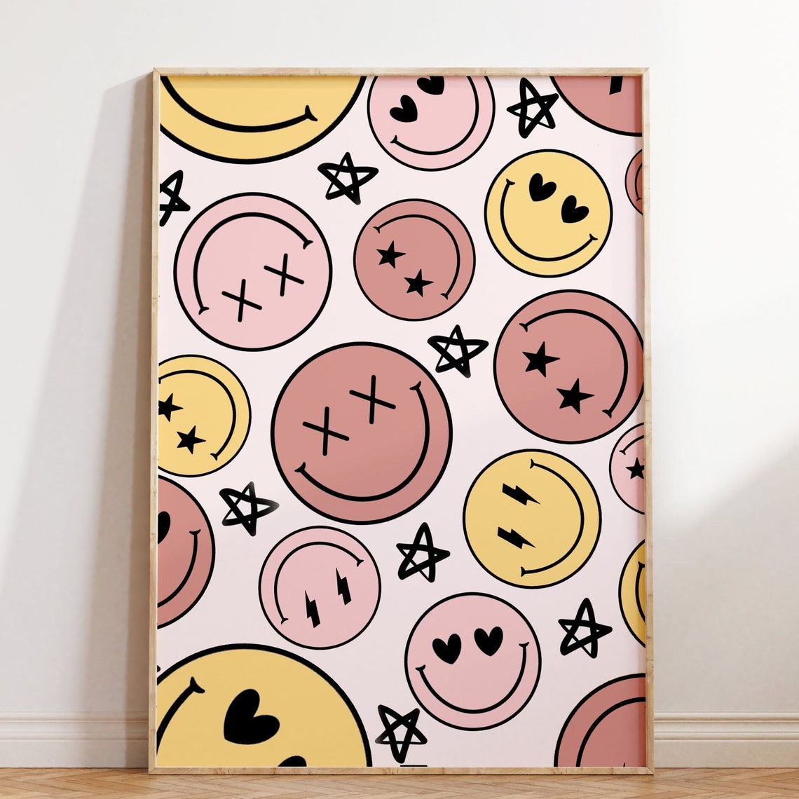 Retro Smiley Face Pattern Pink Yellow Cute Aesthetic Bedroom Poster