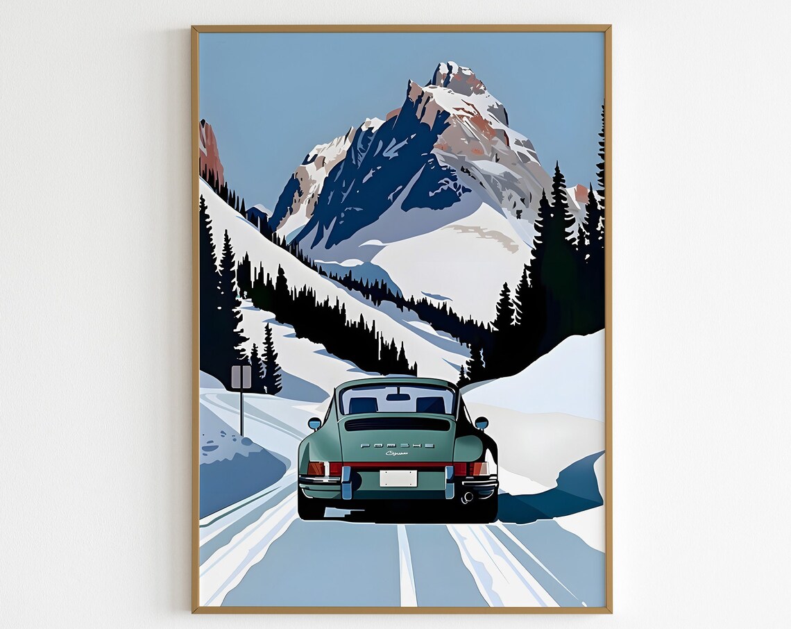 Porsche 911 Carrera Snowy Alpine Mountain Road Vintage Poster