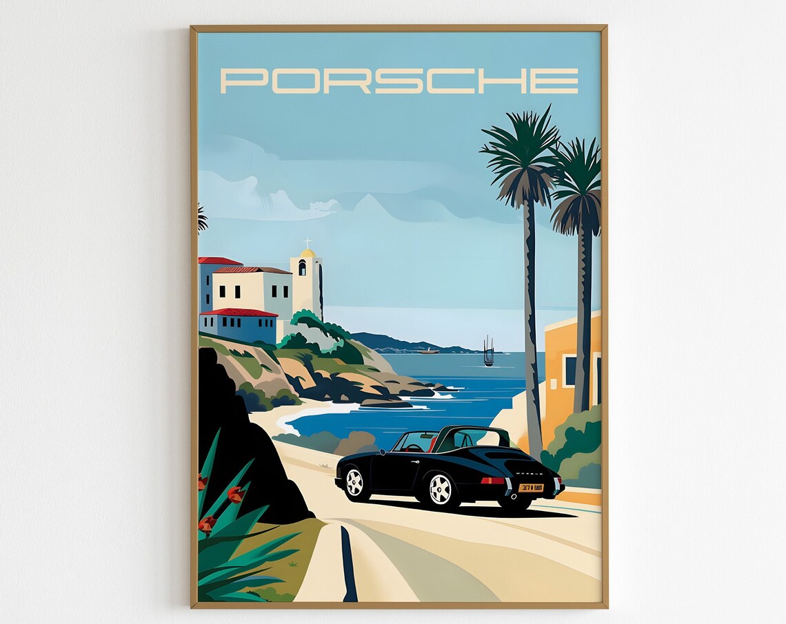 Black Porsche 911 Convertible Sunny Palm Coastal Road Trip Poster