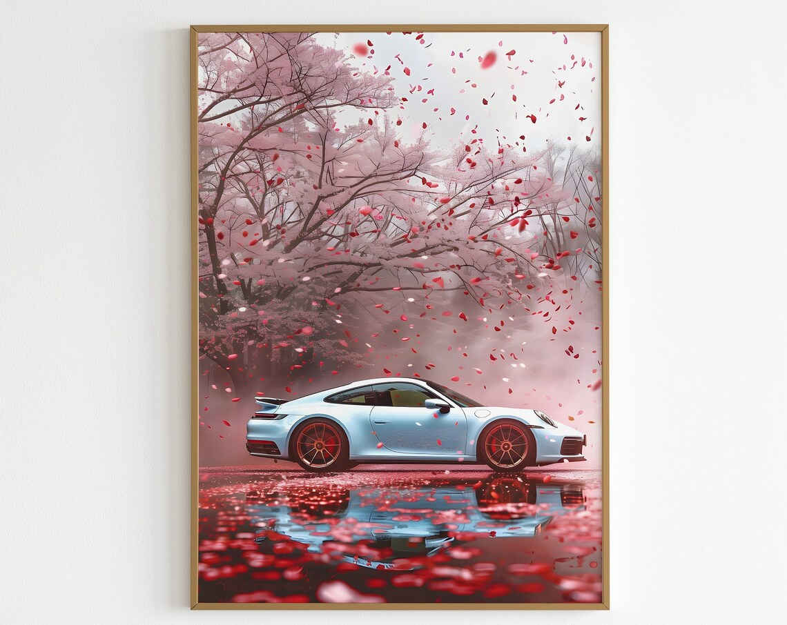 Baby Blue Porsche 911 Cherry Blossom Petal Rain Shower Poster