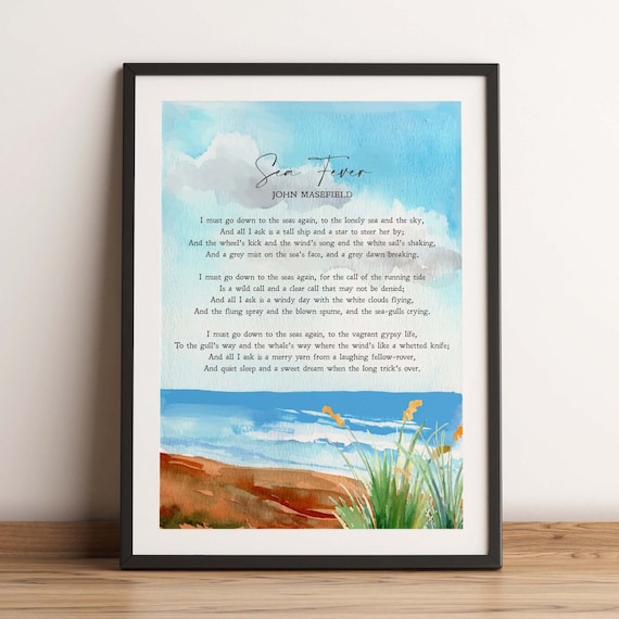 John Masefield Sea Fever Poem Beach Watercolor Ocean Art Print