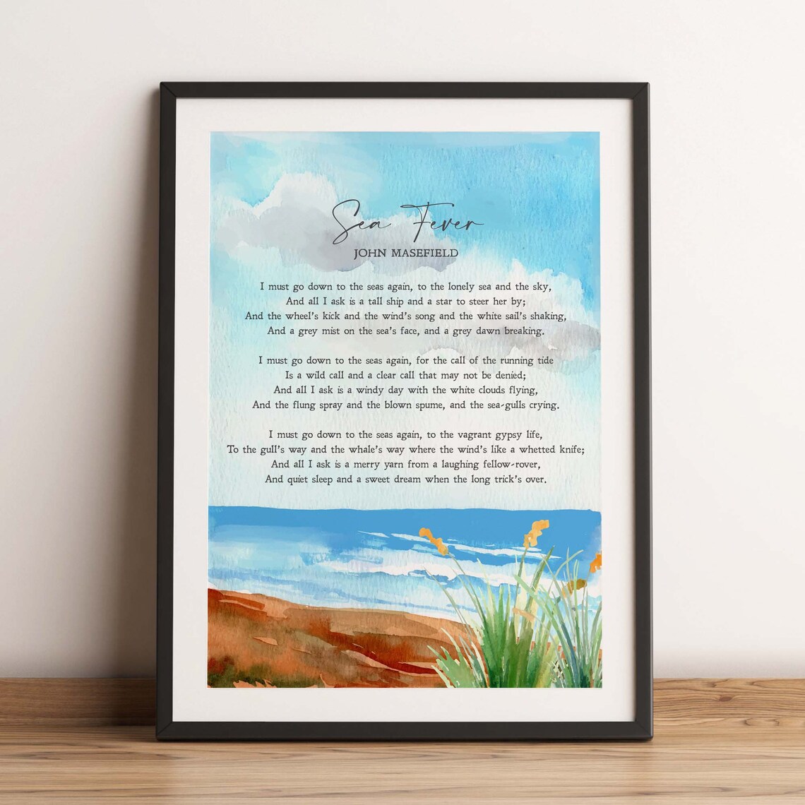 John Masefield Sea Fever Poem Beach Watercolor Ocean Art Print