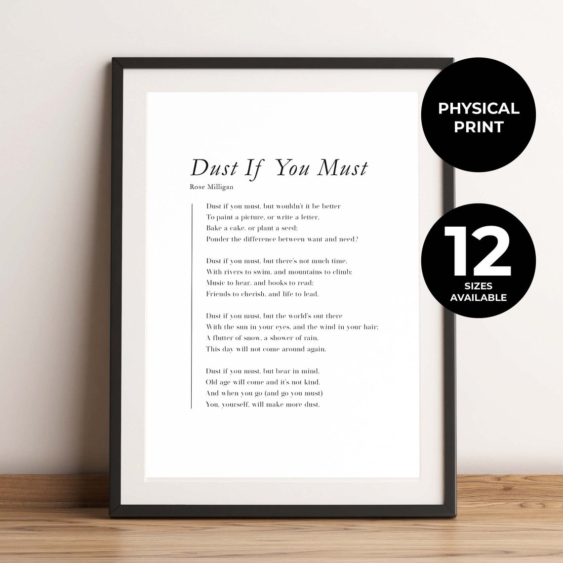 Dust If You Must Rose Milligan Poem Minimalist Typography Print