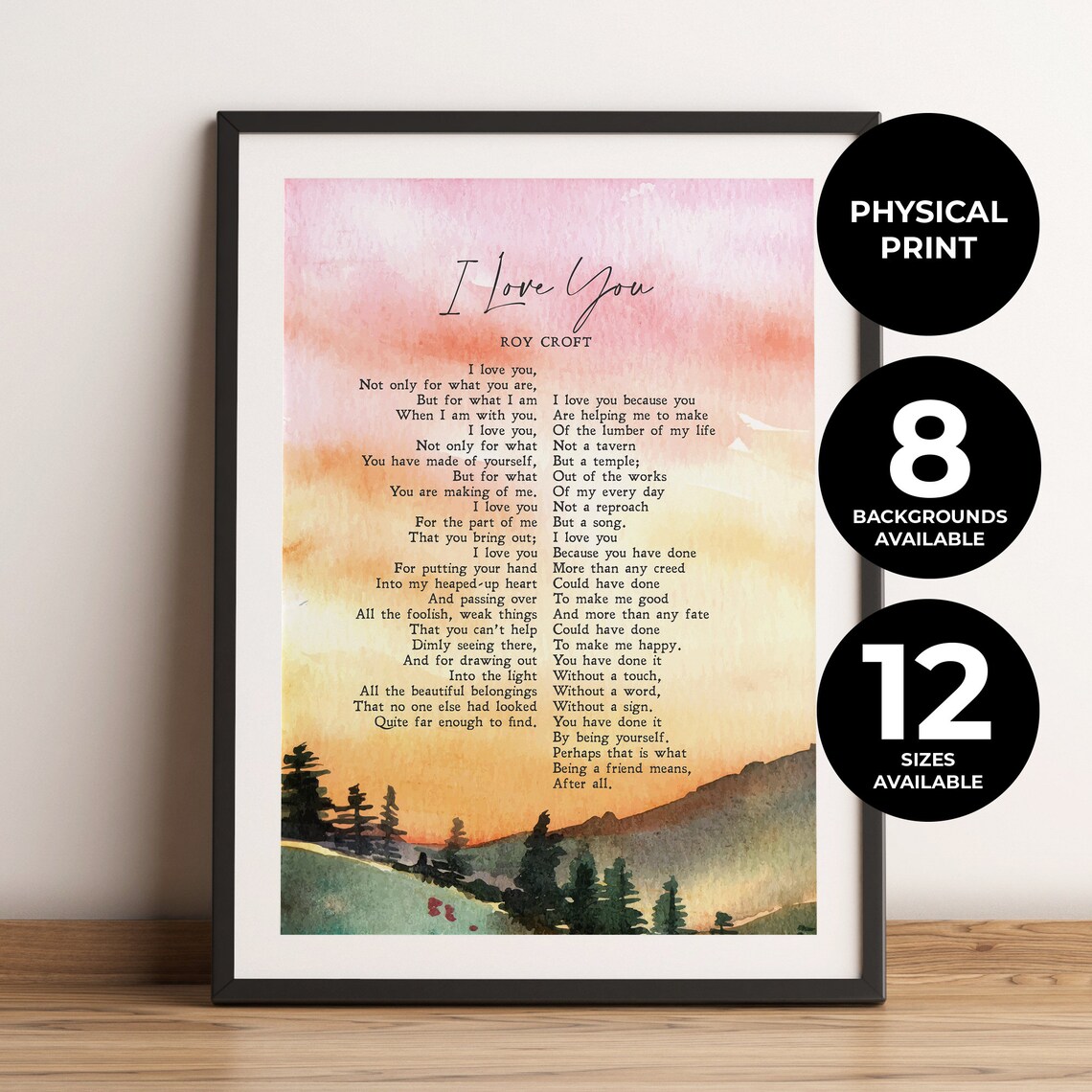 I Love You Roy Croft Poem Watercolor Sunrise Mountains Print Poster