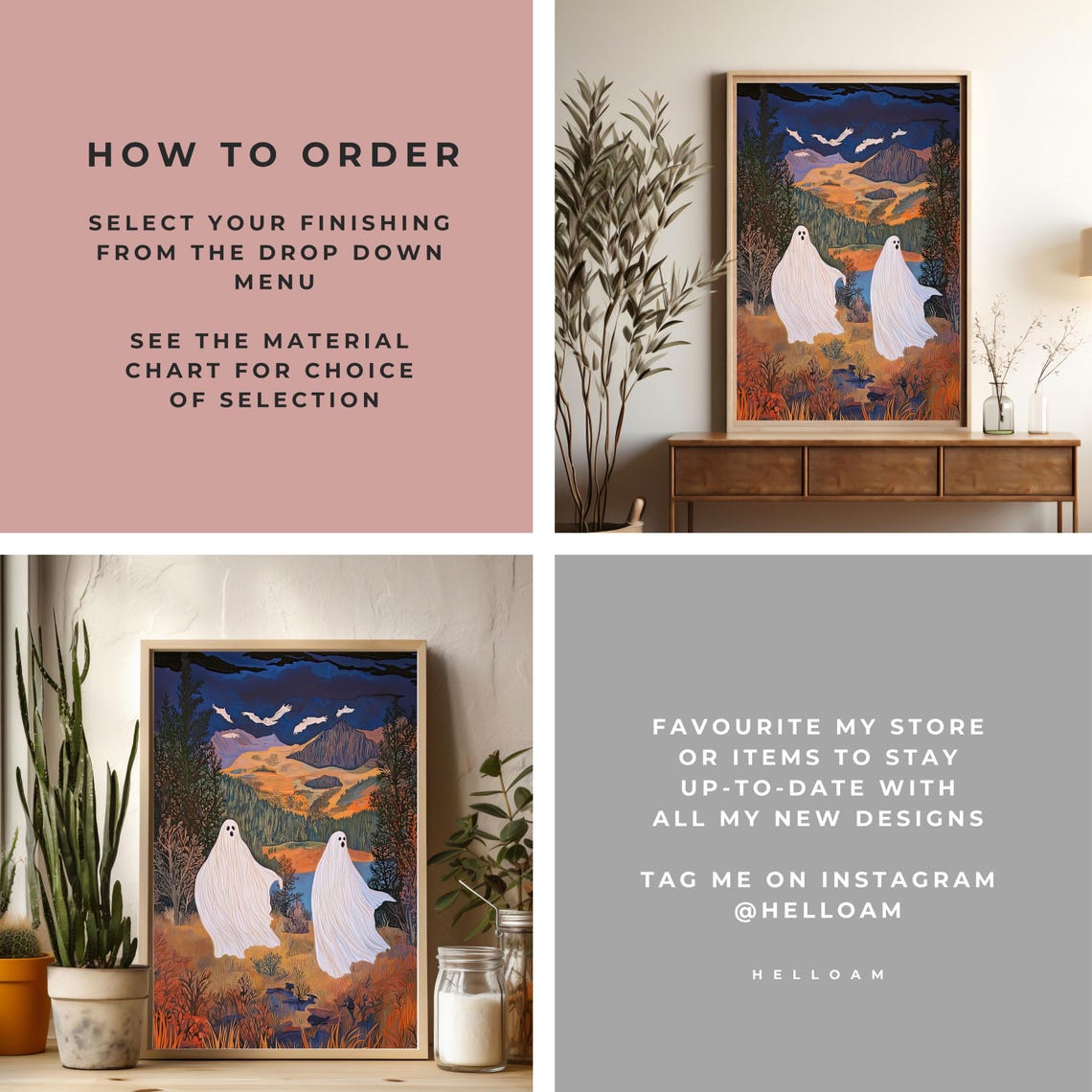 Two Cute Ghosts Moody Autumn Mountain Forest Night Halloween Art Print - Image 3
