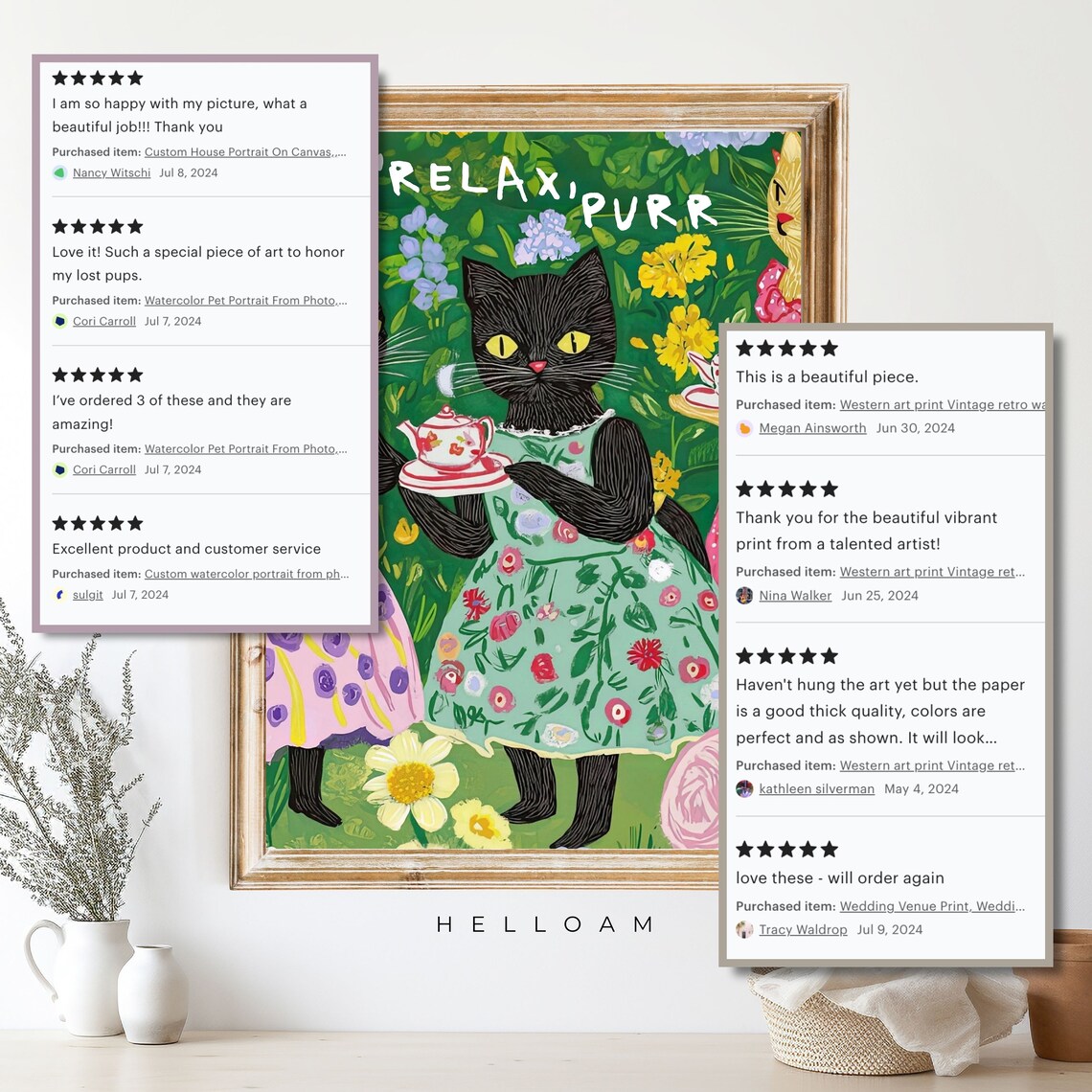 Sip Relax Purr Black Cats Garden Tea Party Floral Dress Cat Art Print - Image 4