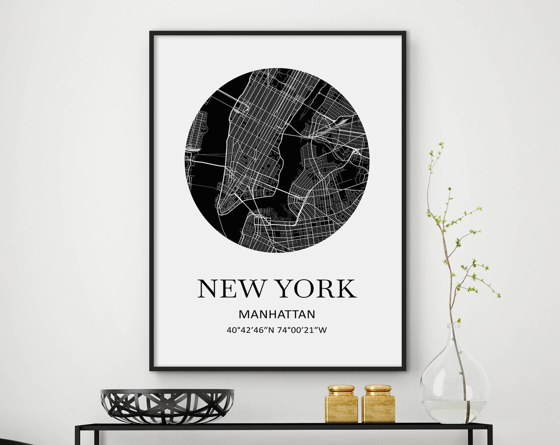 New York City Manhattan Round Street Map Black White Decor Poster