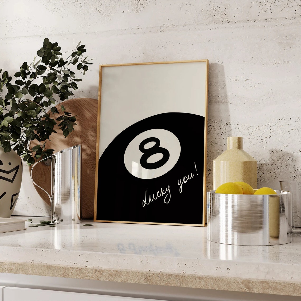 Black 8 Ball Lucky You Script Minimalist Retro Cream Style Poster - Image 3