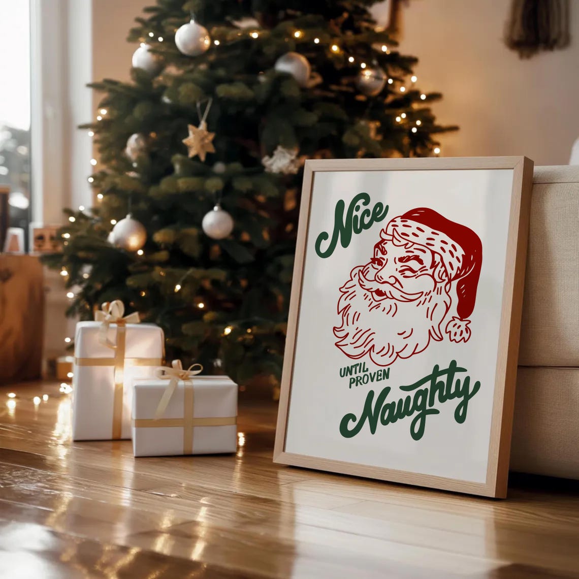 Nice Until Proven Naughty Vintage Red Santa Face Christmas Poster - Image 2