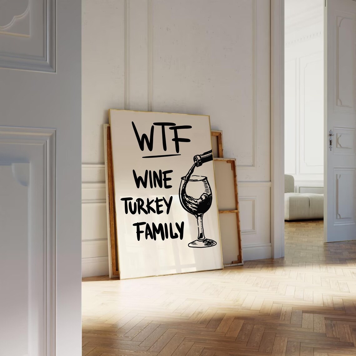 Wine Turkey Family Funny Thanksgiving Wine Poster with Hand Drawn Glass - Image 2