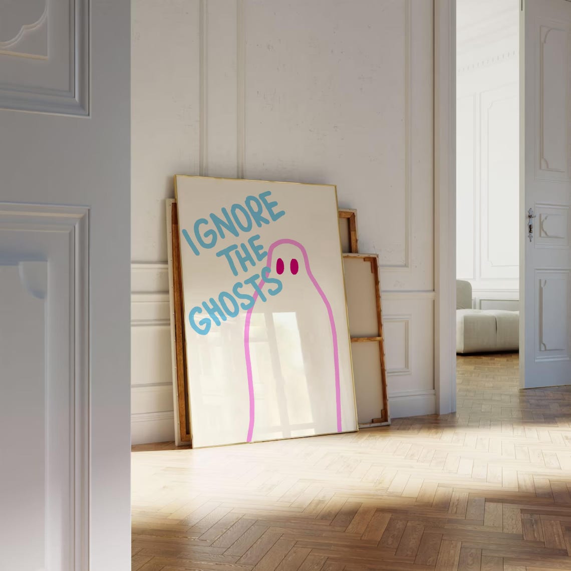 Ignore The Ghosts Cute Pink Ghost Halloween Blue Text Poster - Image 3