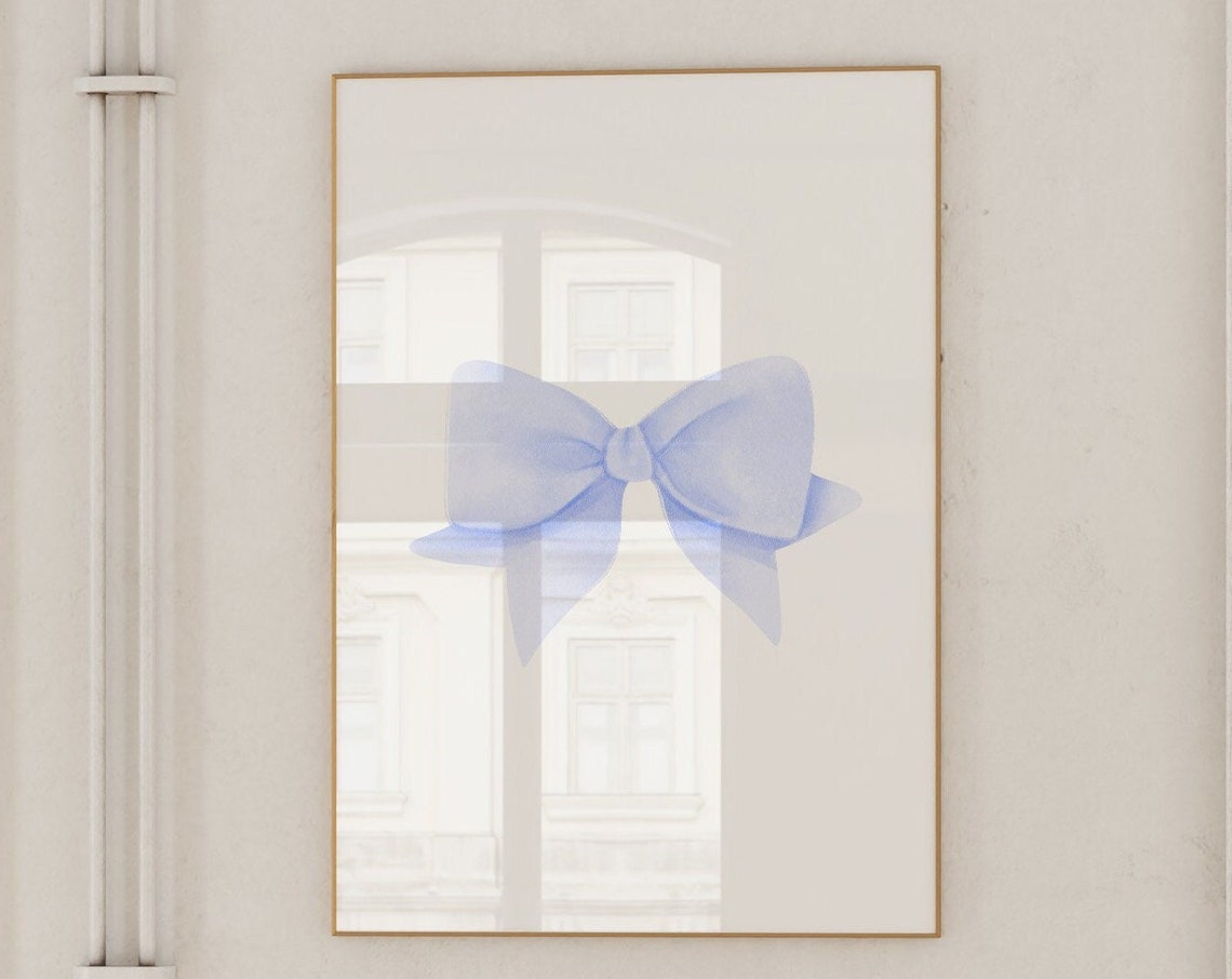 Simple Soft Blue Watercolor Bow Off White Preppy Bedroom Art Print - Image 2