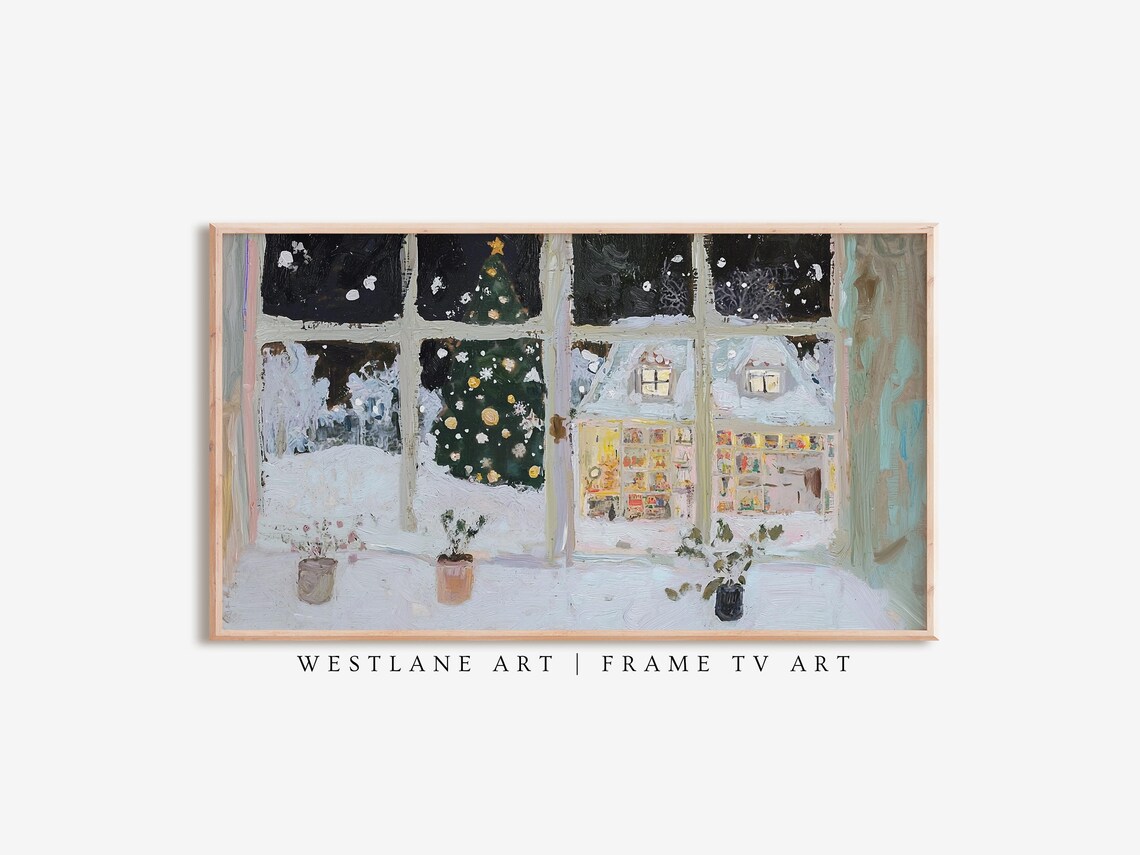 Christmas Eve Window Painting Lit Tree Snowy Night Holiday Art Print