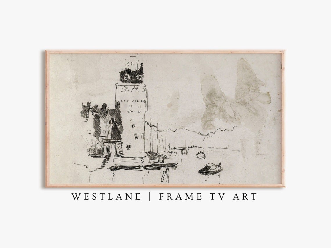 Rustic Neutral Cityscape Vintage Ink Sketch Old Town Tower Art Poster
