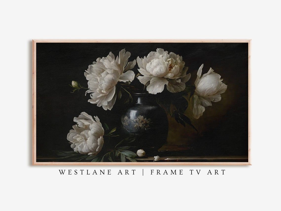 Dark Moody Still Life Black Botanical White Peonies Art Poster - Image 2