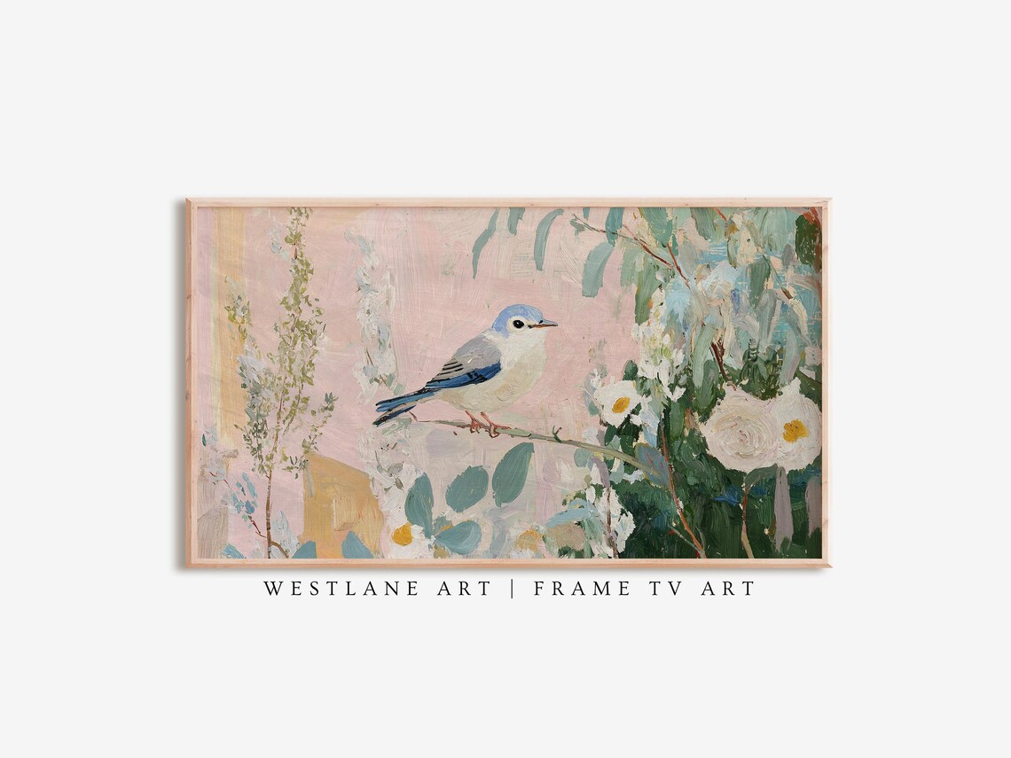Blue Songbird Blossom Branch Painting Pink Flowers Spring Art Print