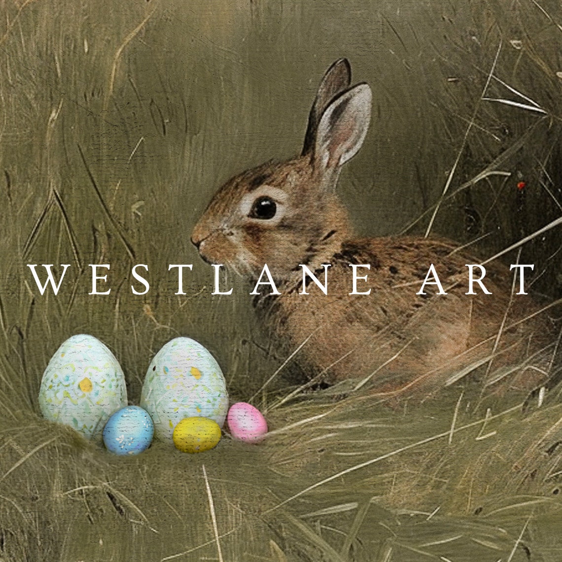 Easter Bunny Wheat Grass Painting Pastel Eggs Rustic Spring Art Print - Image 4