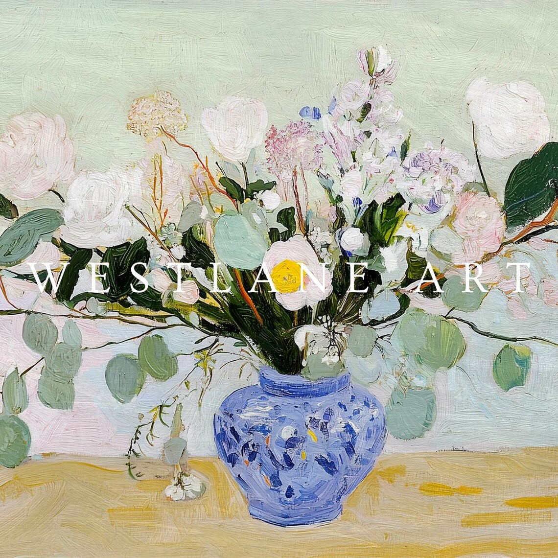 Botanical Wildflowers Blue Vase Painting Eucalyptus Lavender Art Print - Image 2