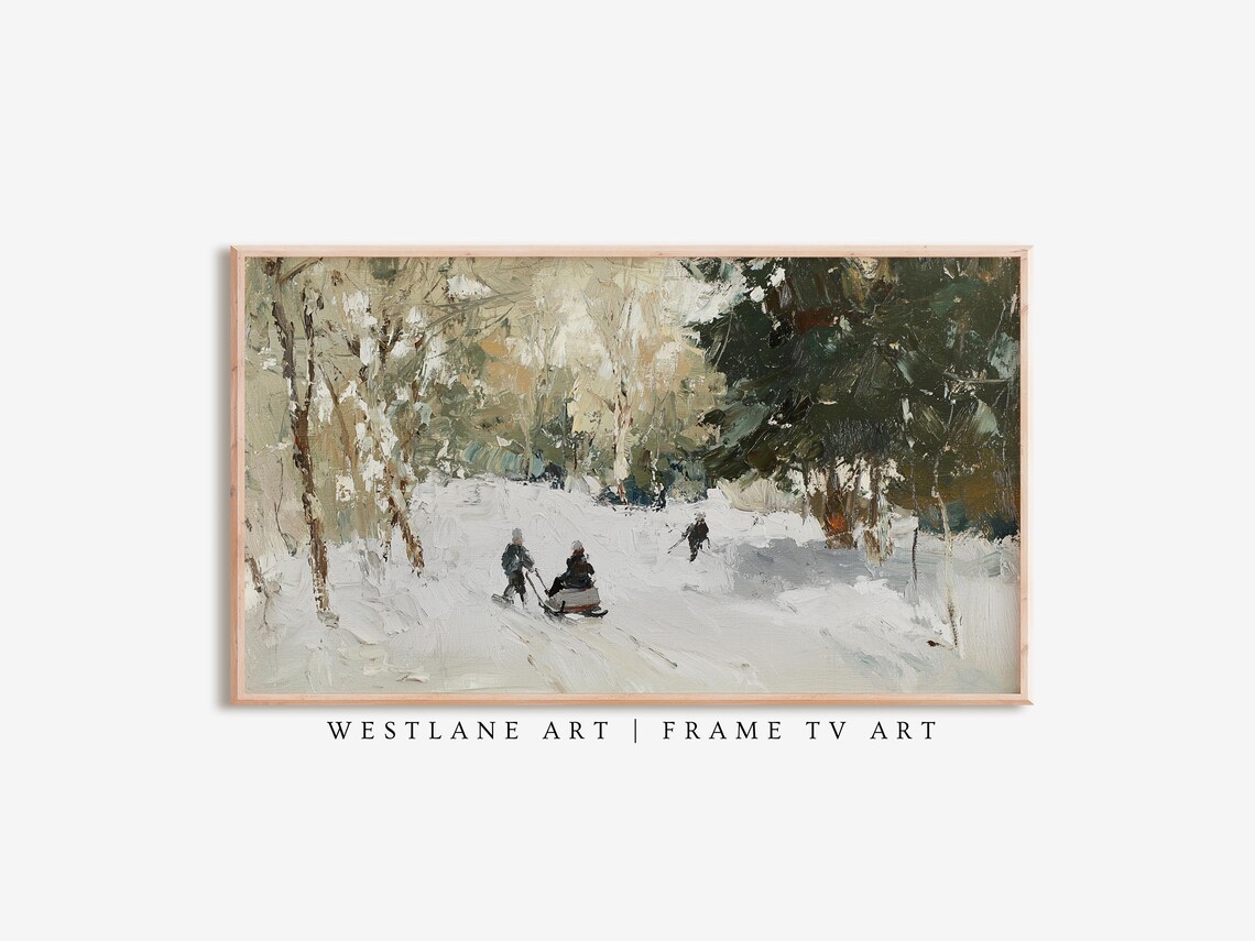 Vintage Winter Sledding Oil Painting Children in Snowy Forest Poster