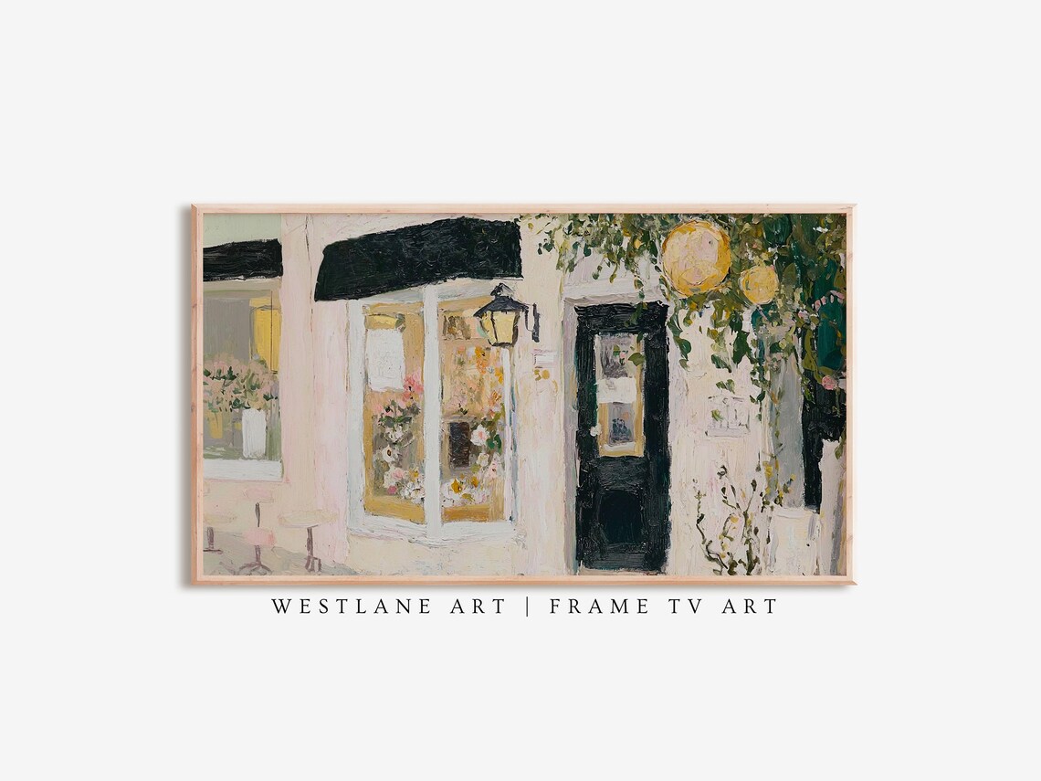 Cozy Flower Shop Storefront Painting Black Awning Night Glow Art Print