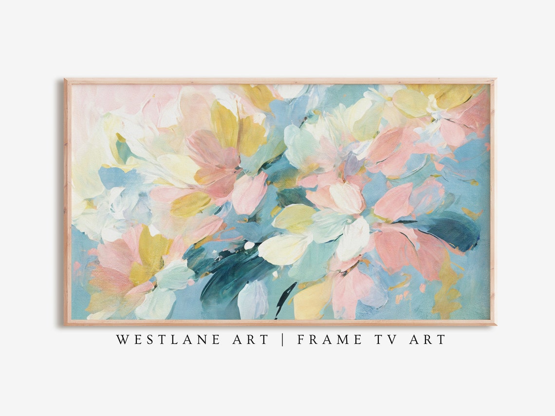 Pastel Abstract Spring Floral Pink Yellow Blue Painting Wall Art