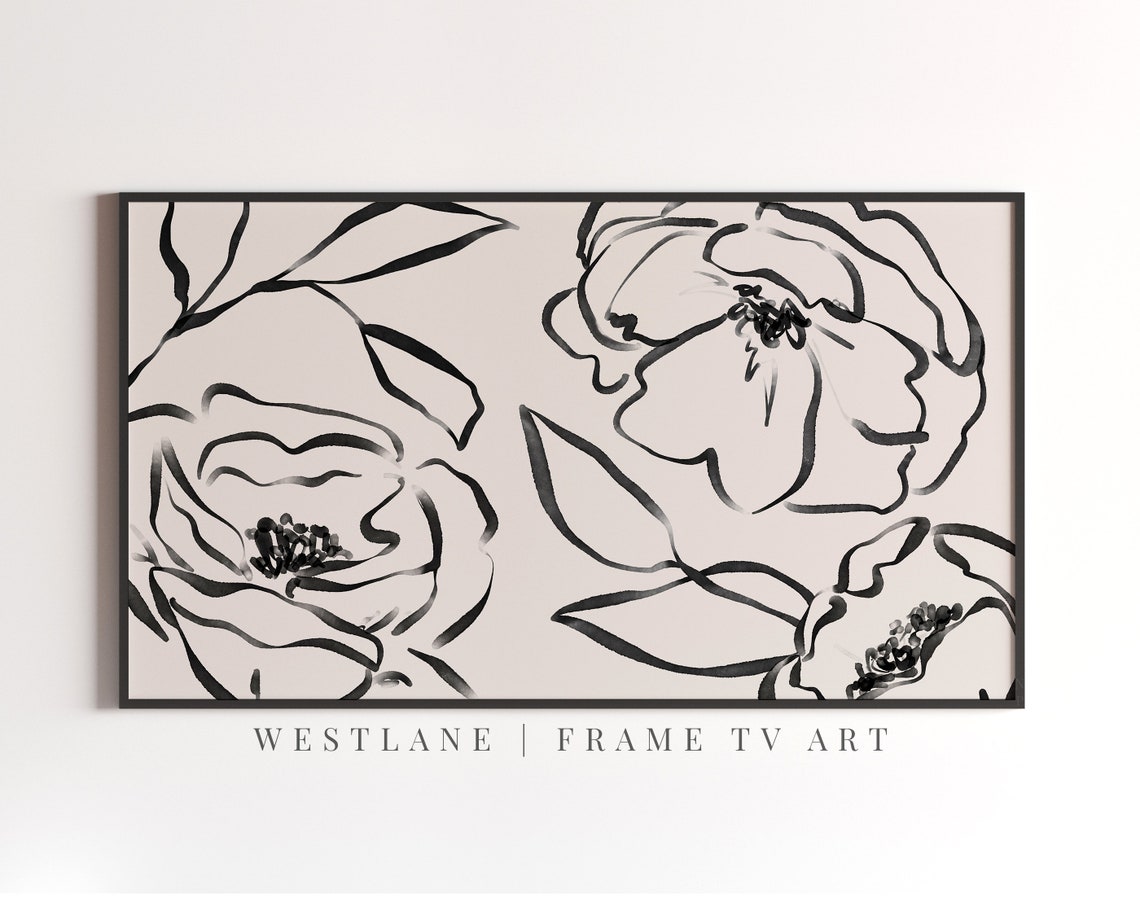 Black Line Art Roses Neutral Cream Modern Botanical Wall Art - Image 2