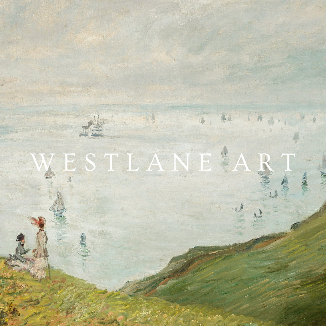 Vintage Coastal Cliff Sailboats Impressionist Seascape Painting Art - Image 2