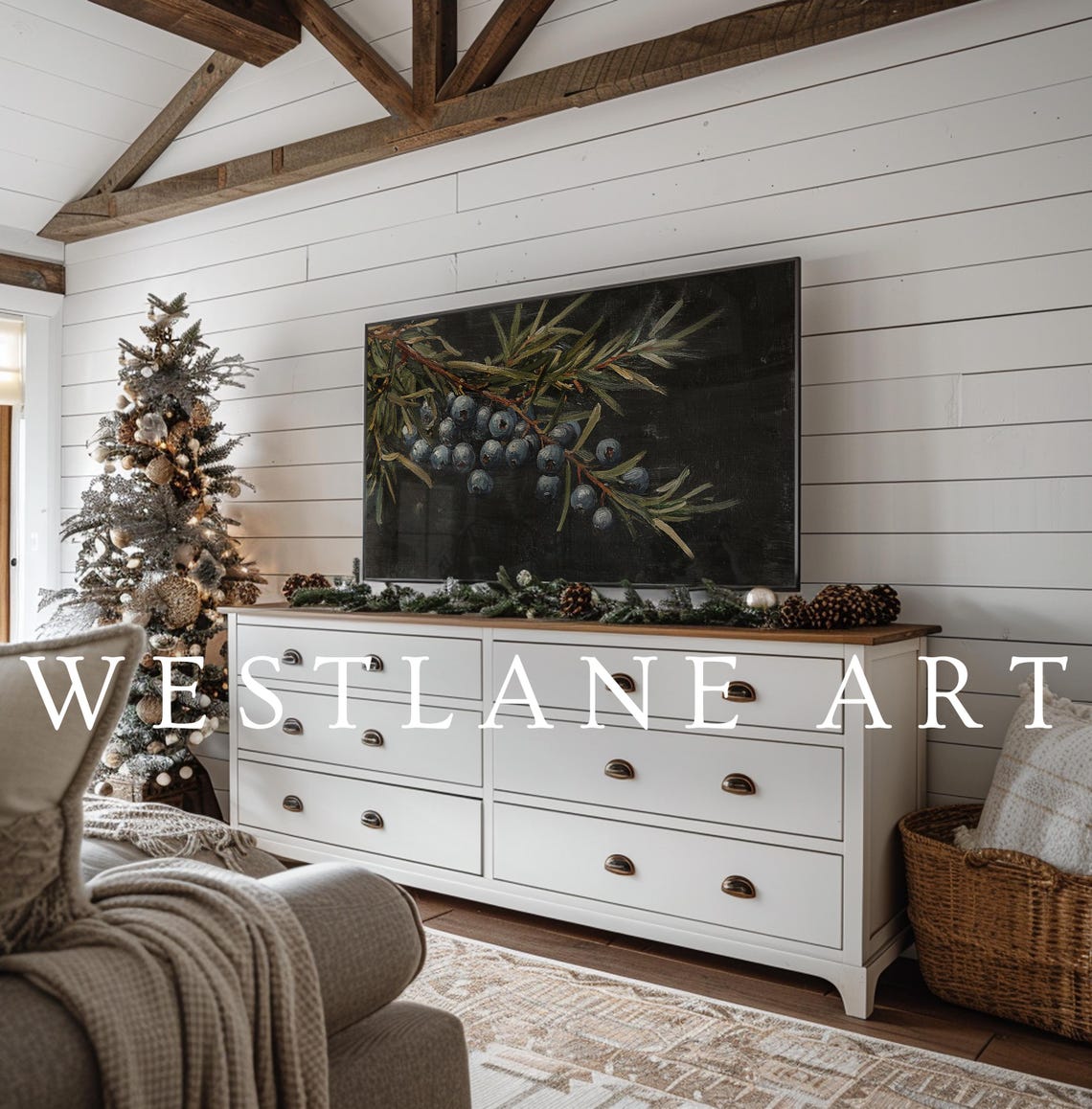 Juniper Branch Blue Berries Dark Oil Painting Winter Art Poster - Image 2