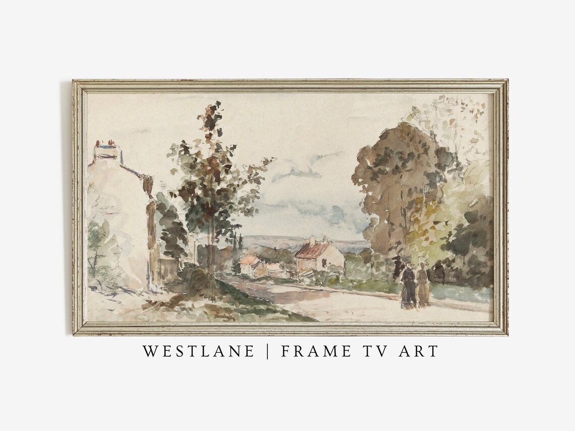 Neutral Antique Landscape Muted Village Watercolor Painting Poster