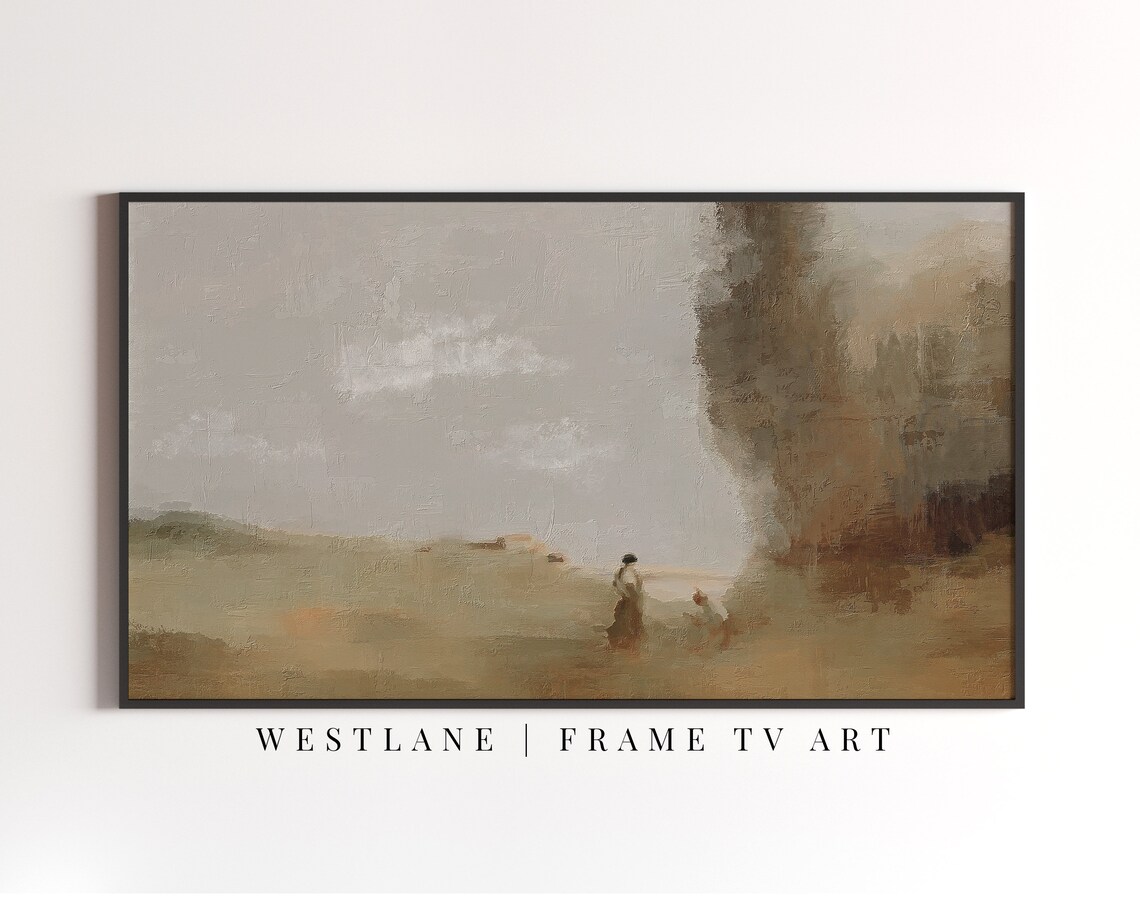 Muted Tonal Country Landscape Figure Walking Field Painting Art - Image 2
