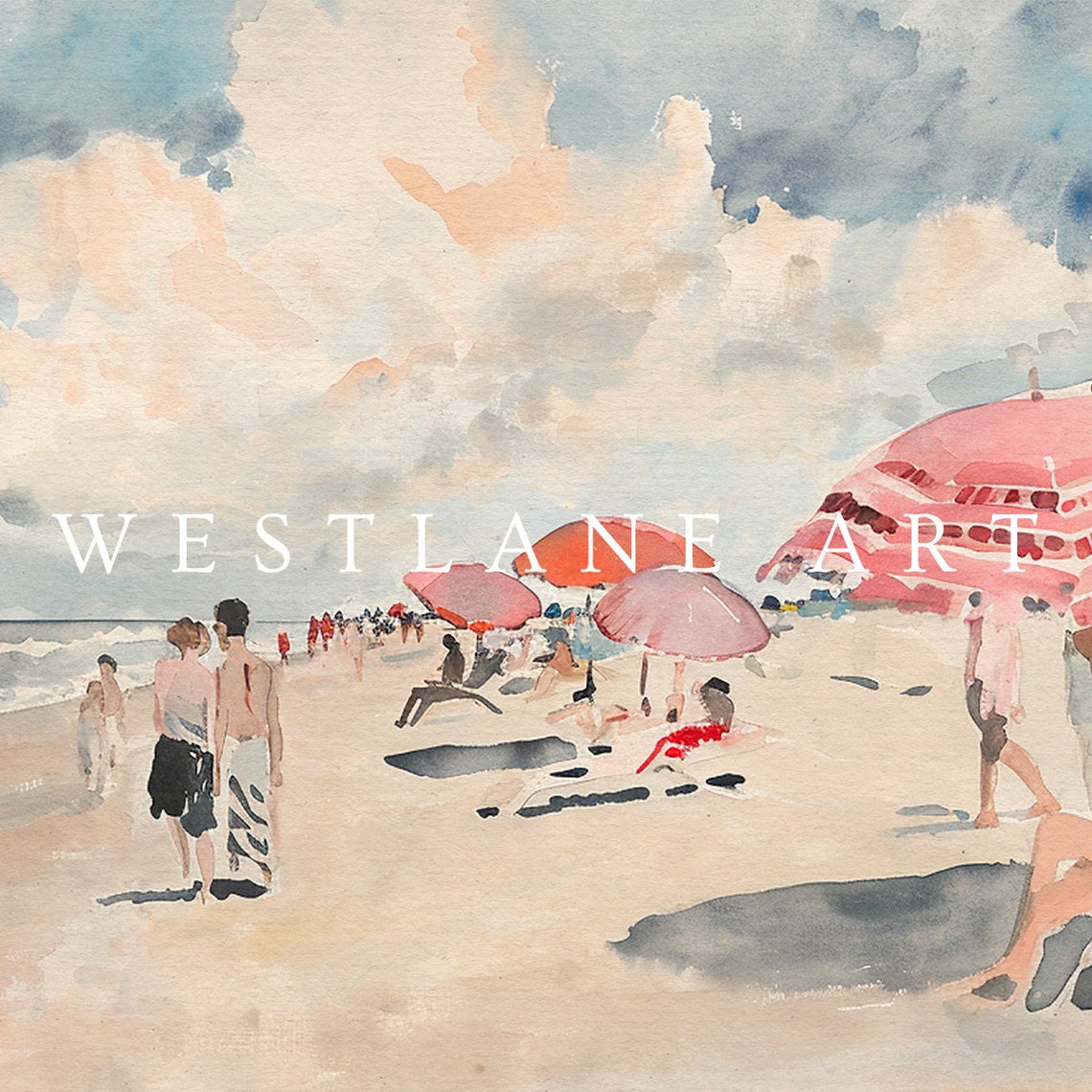 Sunny Beach Day Watercolor Pink Umbrellas Summer Crowd Scene Poster - Image 2