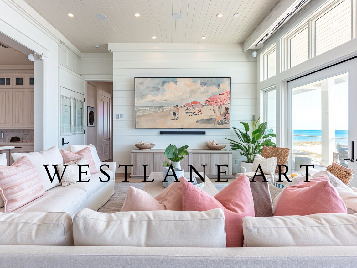 Sunny Beach Day Watercolor Pink Umbrellas Summer Crowd Scene Poster - Image 4