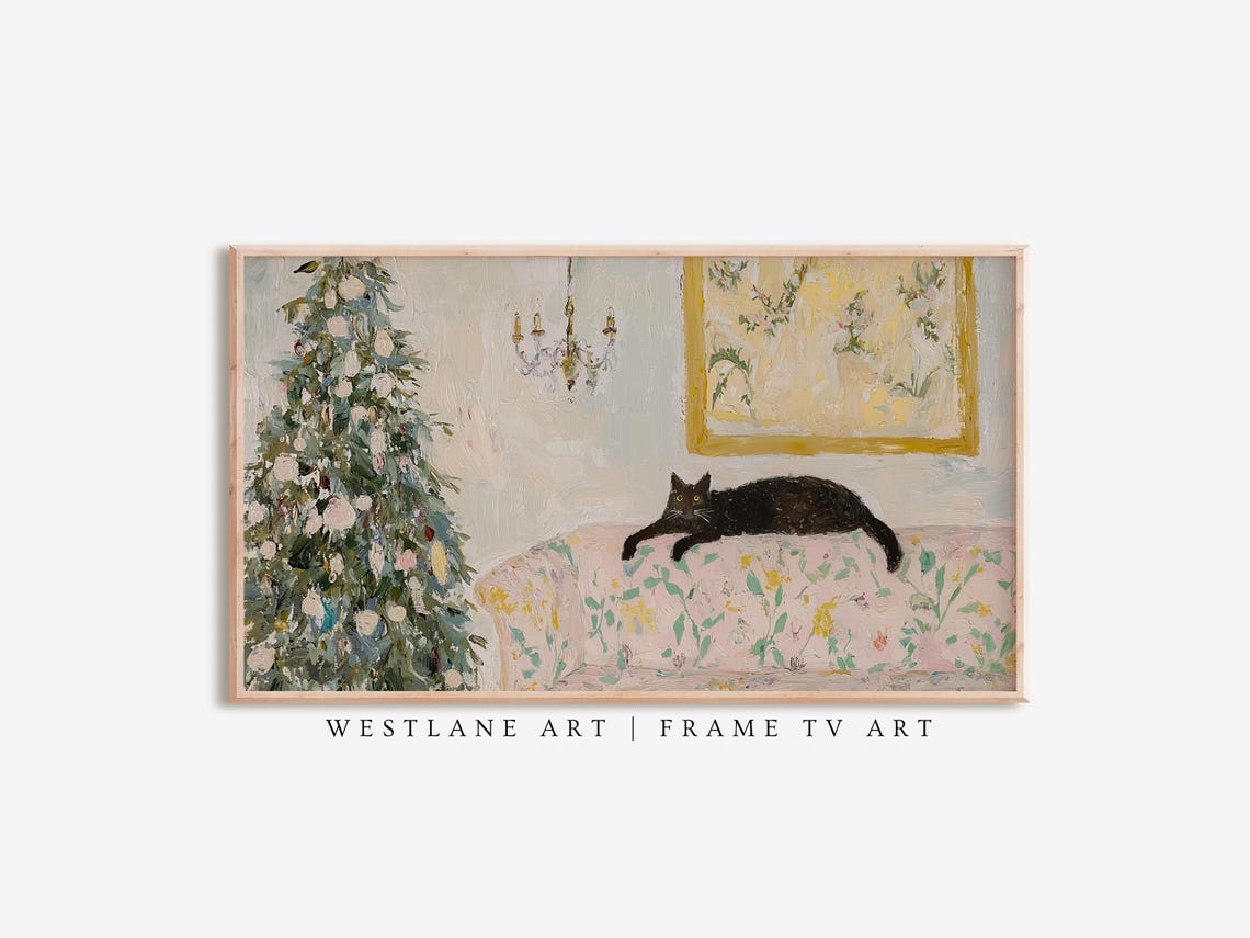 Black Cat With Christmas Tree Cottagecore Pastel Painting Poster