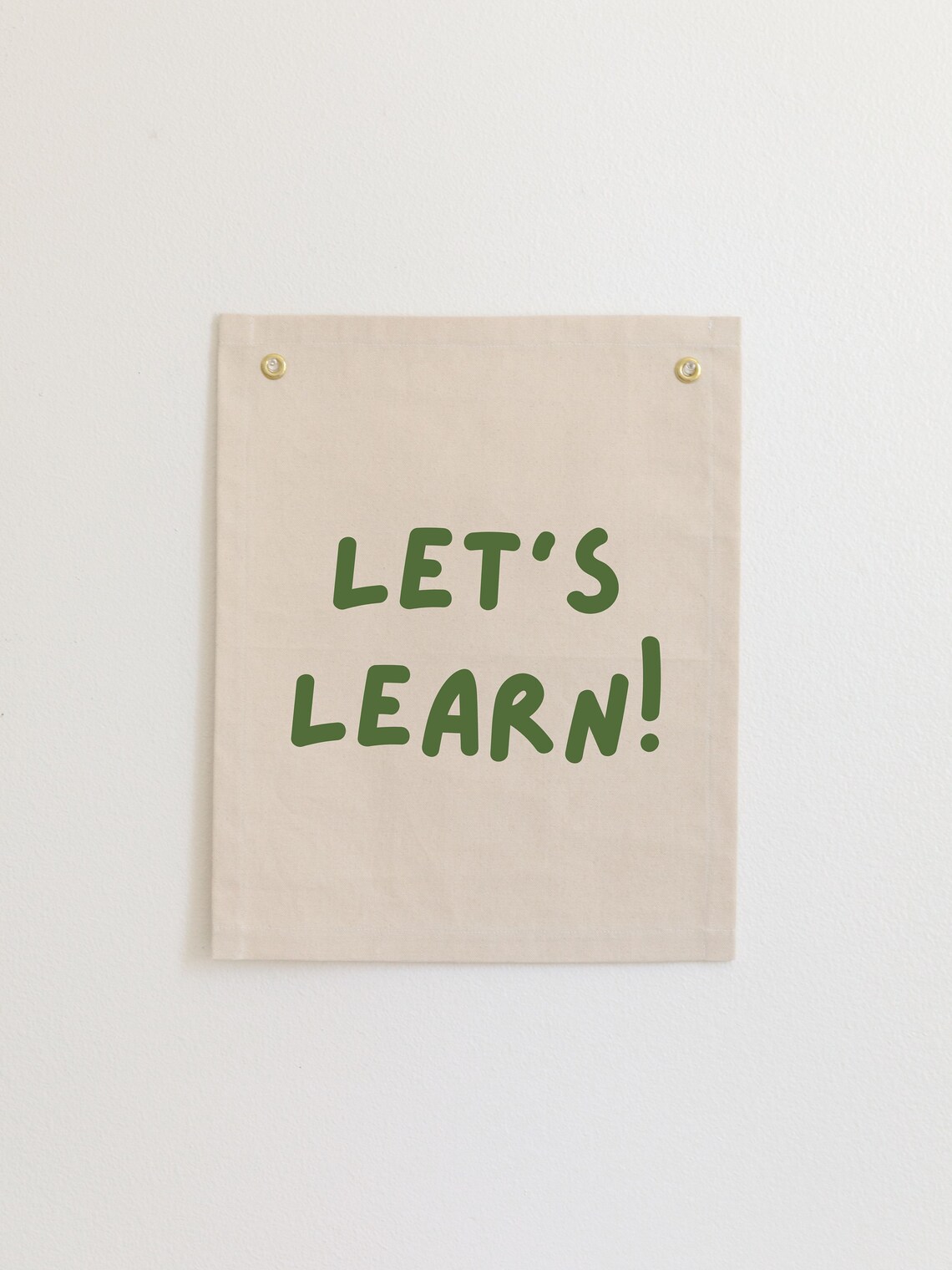 Lets Learn Green Hand Lettered Canvas Flag Wall Art for Classroom Playroom
