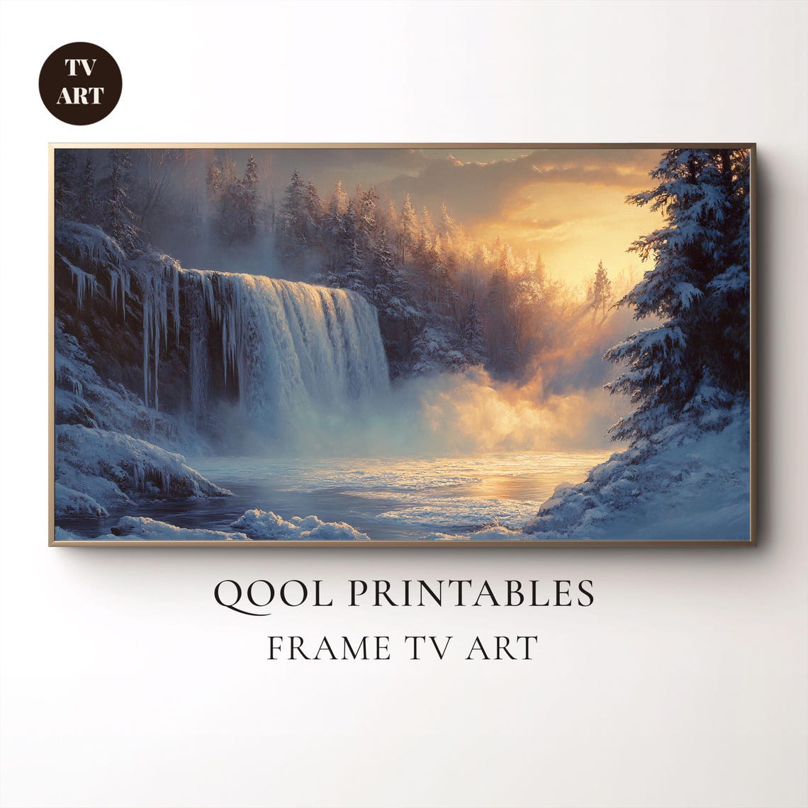 Frozen Winter Waterfall Sunrise Snowy Forest Landscape Poster