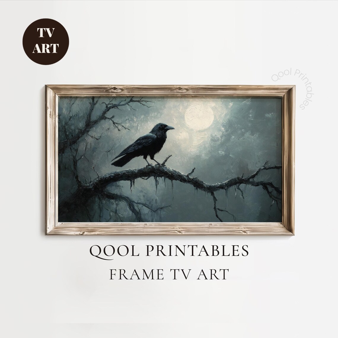 Black Crow Moonlit Branch Moody Full Moon Oil Painting Wall Art