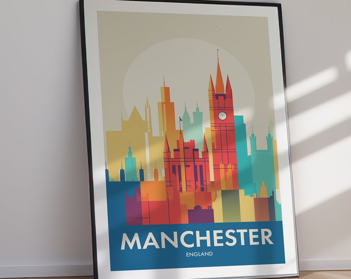 Manchester England Retro Sunset Skyline Clock Tower Travel Poster - Image 2